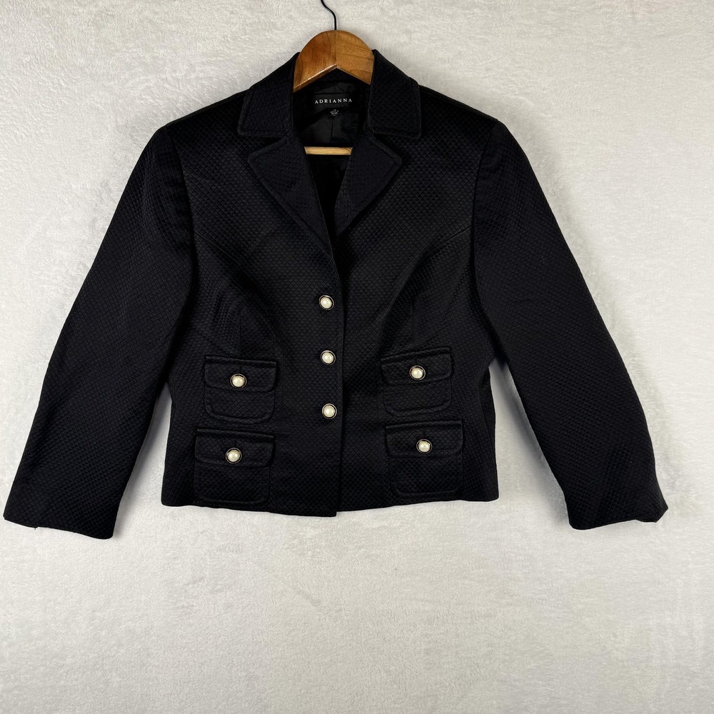 Adrianna Blazer Womens 10 Black Silk‎ Blend Pearl Button Short Jacket Tailored